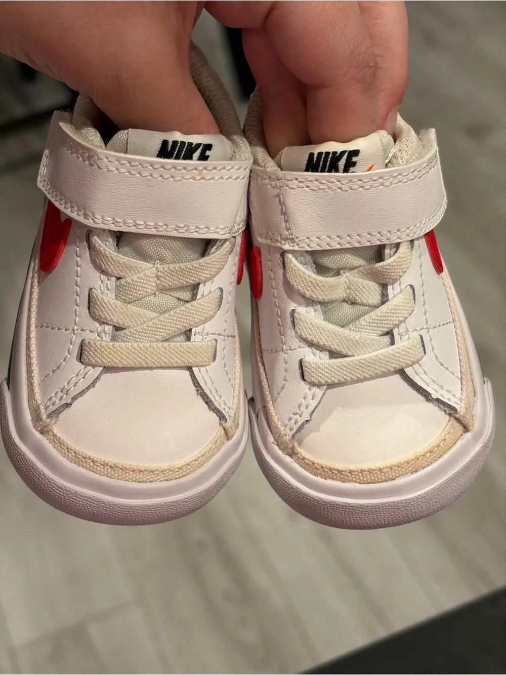 Nike Kids White Sneaker with Red Swoosh - Velcro Strap